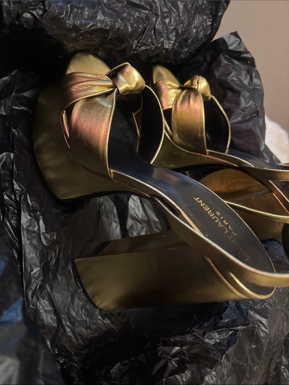Saint Laurent Gold PAIGE Platform Wrap-Heel Sandals - Picture 4 of 8